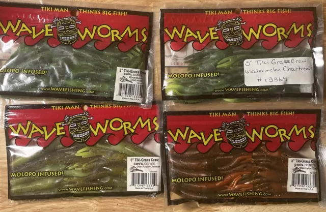 Lot 4 Wave Worms 3" Tiki Grass Craw Swirl Watermelon Green Pumpkin Jig Trail