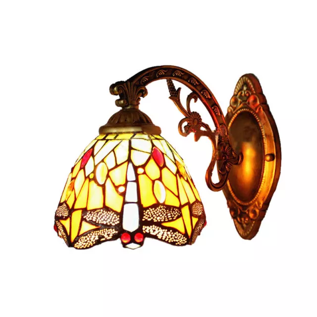 Victorian Stained Glass Tiffany Wall Sconce Light Brass Finish Wrought Iron Lamp