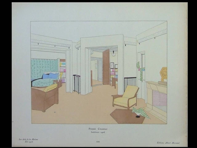 Pierre Chareau, Interieur - 1926 - Pochoir, Mobilier Art Deco