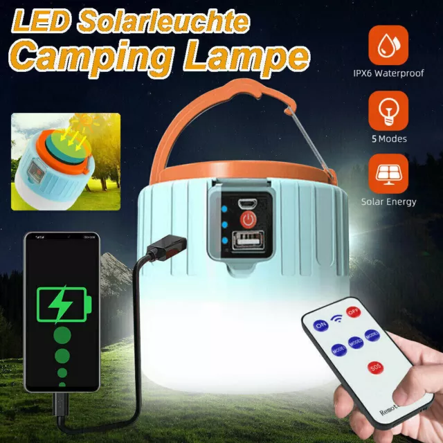 LED Solarleuchte Outdoor Camping Lampe USB Aufladbar Laterne Akku Zelt Licht DHL
