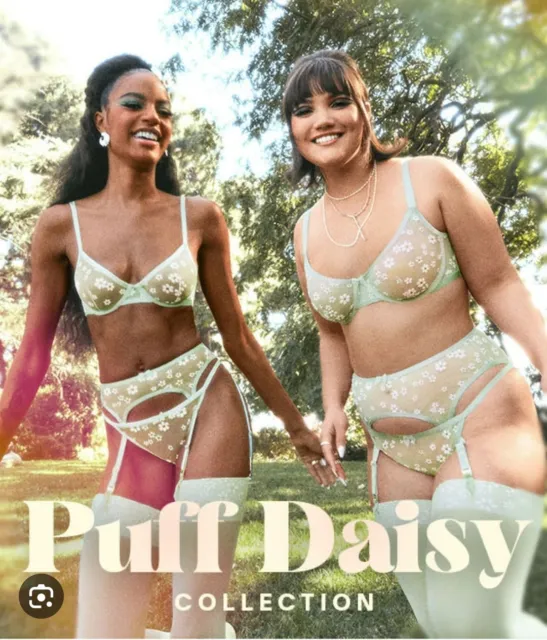 Savage X Fenty Puff Daisy Green Bra Panty Set + Garter Belt & Stockings NEW 34DD