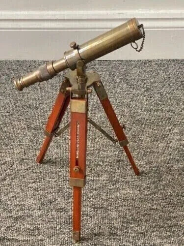 Ancien télescope trépied en bois décoratif nautique vintage en laiton