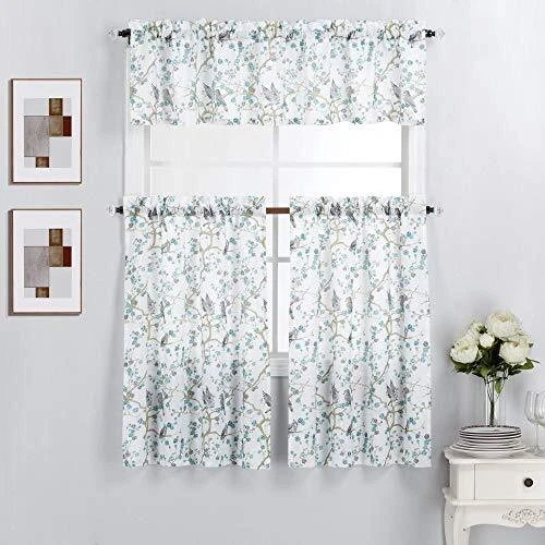 3-Piece Kitchen Window Curtain Set - Bird Blossoms Blue
