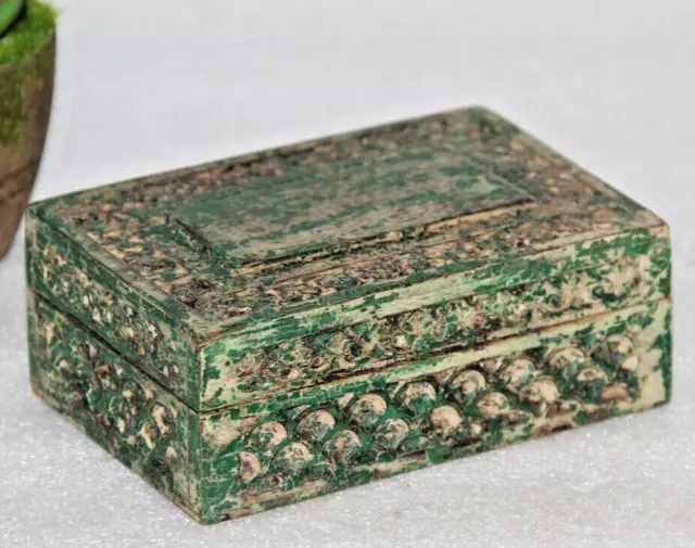 Caja de joyería vintage de madera pintada de verde tallada a mano original...