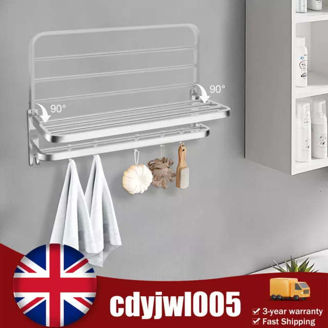 Bathroom Towel Rail Holder Stainless Steel Wall Mounted Rack Shelf w/ 5 Hooks