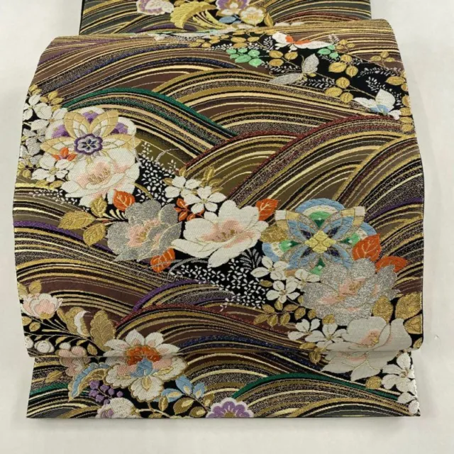 Woman Japanese Kimono Fukuro-obi Silk Black Seigaiha Gold Silver Thread
