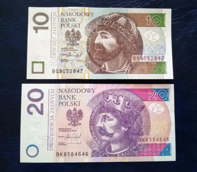 POLAND Set 2 Banknotes 10zl  P-183b & 20zl P-184b 2016 UNC