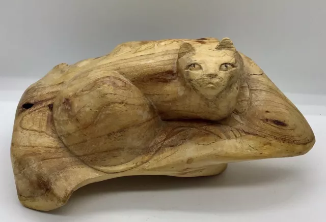 Folk Art Carved Wooden Cat Natural Form Hand Crafted 7.5 Inches Long