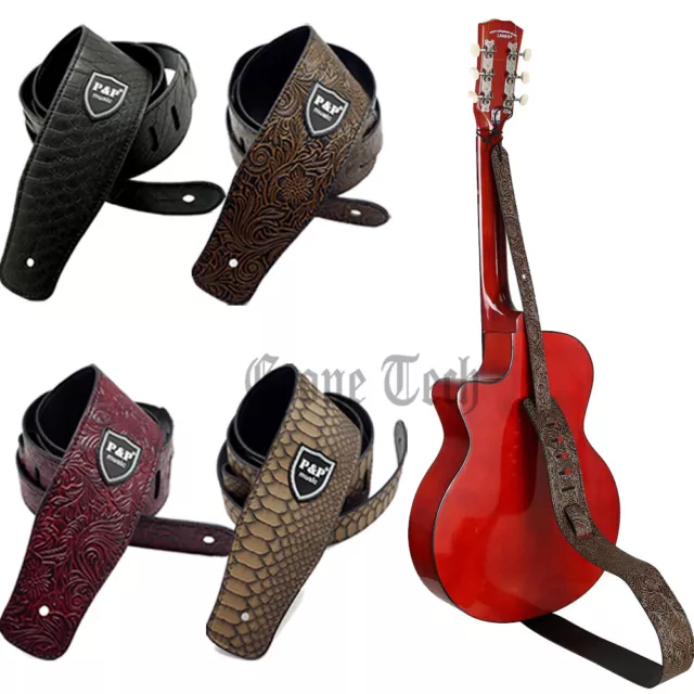 Adjustable PU Leather Guitar Strap Embossed for Acoustic Electric Bass Guitar