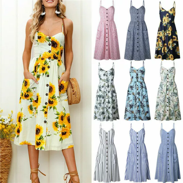 Womens BOHO Summer Beach Midi Dress Ladies Holiday Strappy Button Cami Sundress