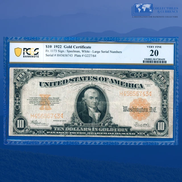 Fr.1173 1922 $10 Ten Dollars Gold Certificate "HILLEGAS NOTE", PCGS 20 #56743