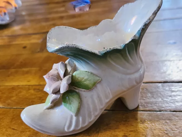 Vintage Porcelain Miniature High Heel Shoe Boot 5 Inch Long Rose Decoration