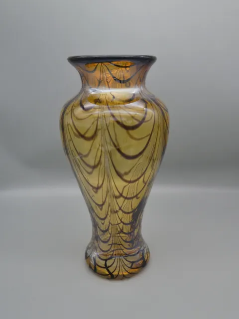 Vintage Pulled Feather Amber Brown Vase Irridescent Hand Blown Art Glass 11"