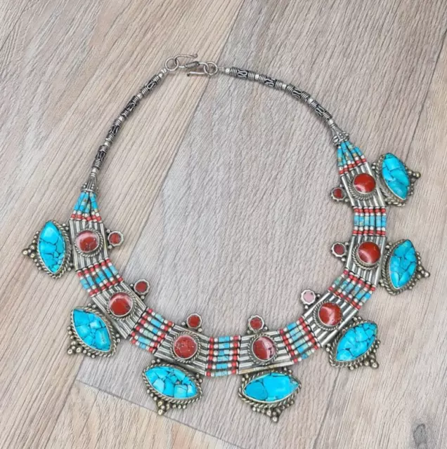 Rare Antique Silver Necklace-Collar Decorated With Turquoise And Coral Stones