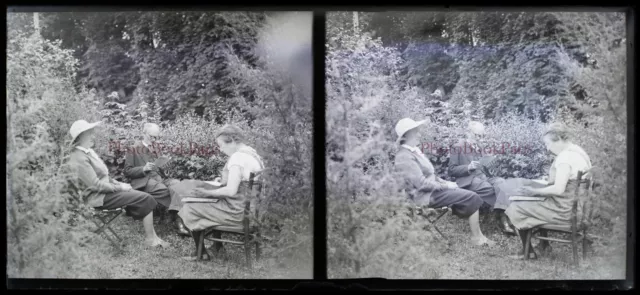 France Jardin Famille c1945 Photo NEGATIVE Plaque de verre Stereo Vintage
