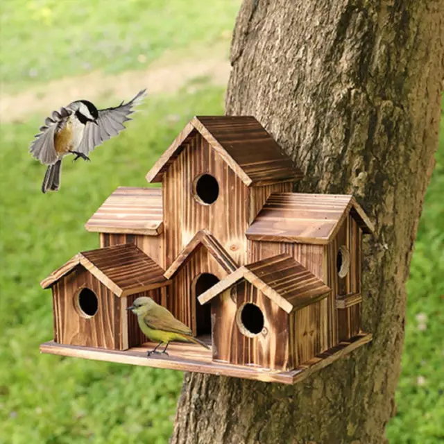 Outside Wooden Bird Houses Hanging 6 Hole Handmade Natural Bird House Yard New