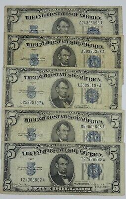 LOT x 5 Series 1934,34-A, B,C & D $5 Blue Seal Silver Cert Notes FINE or Better