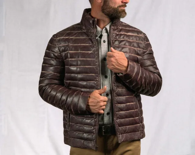 Men's Leather Jacket Quilted & puffer Lamb Skin Jacket brown