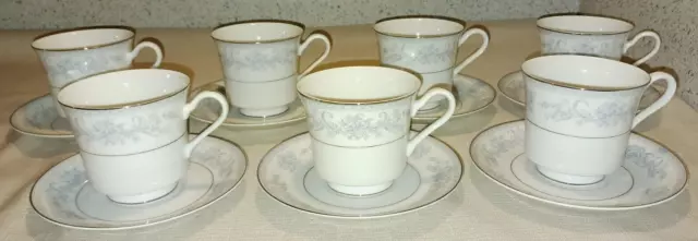 7 Mikasa L9009 Dresden Rose Footed Cup & Saucer Sets 14PC Flowers Platinum EUC