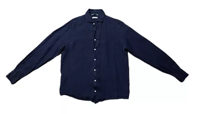 Suitsupply Men’s 16/16.5 Pure Linen Navy Blue Dress Shirt Long Sleeve Slim Fit