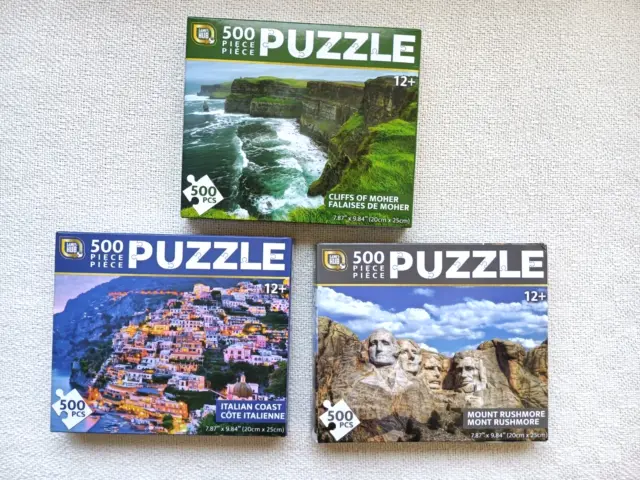 Lot of 3 Games Hub puzzles each 500 pc: Italian coast, Mt Rushmore, Moher cliffs