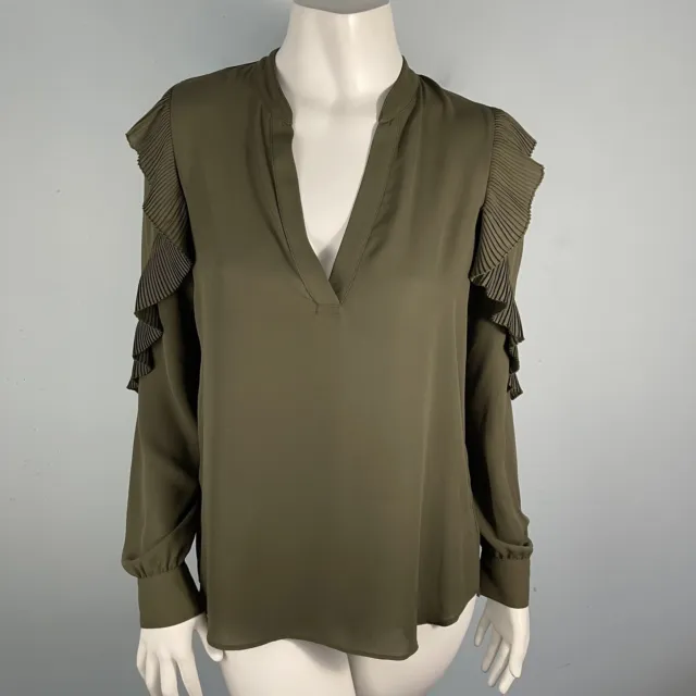Bailey 44 Top Womens Small V-Neck Pleated Ruffled Long-Sleeve Blouse