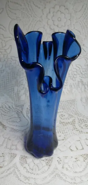 Vintage Unique Royal Blue Glass Ruffles Design On Top Tall Vase
