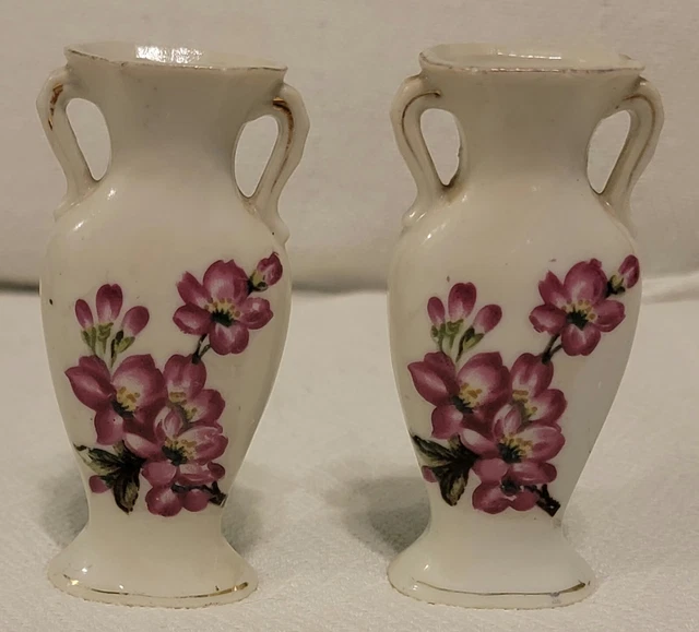 Miniature Bone China Vases with Purple Flowers from Japan Vintage Lot of 2