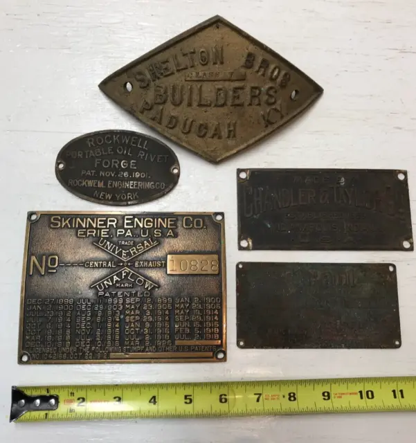 Antique Vtg Lot of 5 Brass Builders Machine Name Plates Shelton Rockwell Skinner