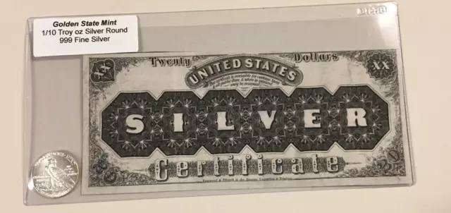 1/10 oz 999 Fine Silver Round in Sleeve with 1800s 3/4 Size Collector Note Repro