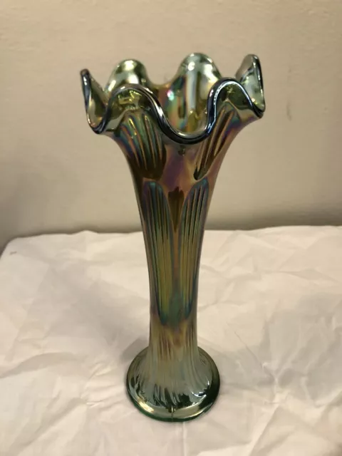 VINTAGE Green Carnival Glass Swung Vase - Diamond & Rib  11 Inches