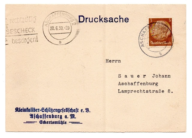 Drucksache Kleinkaliber - Schützengesellschaft Aschaffenburg 1939 gelaufen
