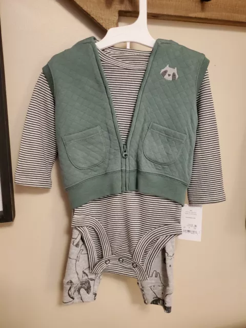 Carter's Gray White Striped Animal Green Fox Vest Baby Boy 6 Months Ears Outfit