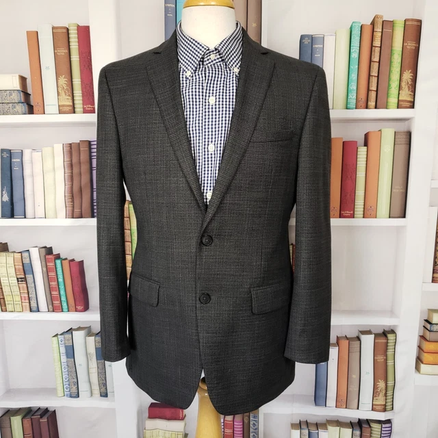 Van Huesen Blazer Mens Size 38R Gray Micro Plaid Two Button Sport Coat Jacket
