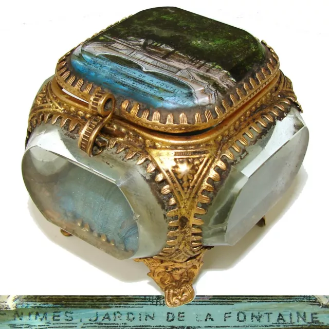 Antique French Souvenir Casket, Beveled & Eglomise Scene "Jardin de la Fontaine"