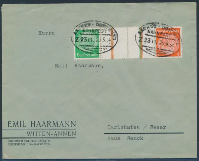 Dt. Reich guter Hindenburg Zusammendruck Brief Bahnpost Aachen 1934 (9132)