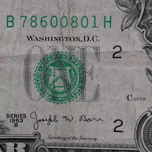 1963-B Joseph W. Barr Note One Dollar Bill $1 Federal Reserve District B, Boston