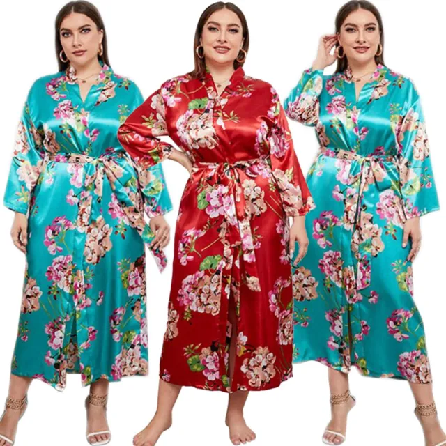 Satin Long Robe Floral Print Bathrobe Women Kimono Dressing Gown Sleepwear Dress