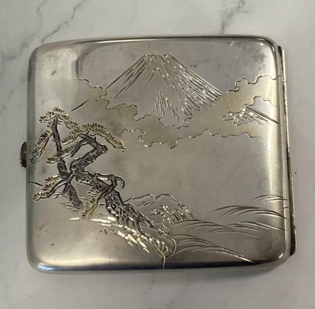 Antique Japanese Export Silver Cigarette Case - Mount Fuji landscape design