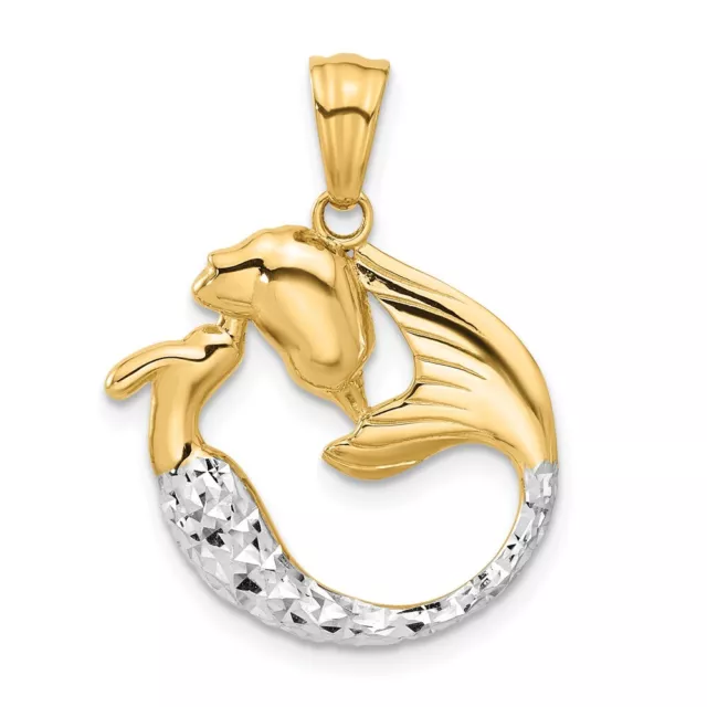 14K Yellow Gold with White Rhodium Diamond-cut Mermaid Pendant