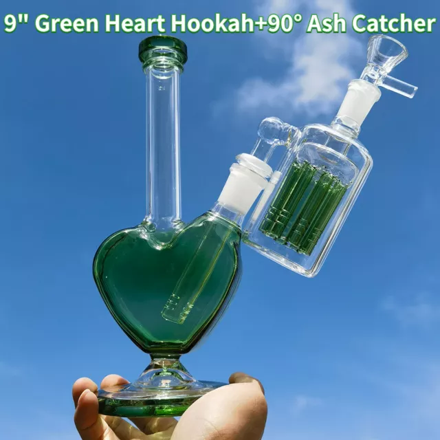 23cm Green Heart Glass Hookah Hand Pipe Smoking Pipes + 90° Green Ash Catcher