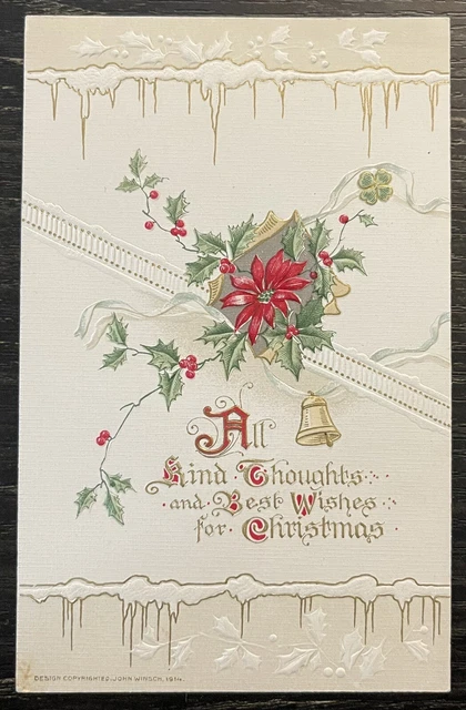 Winsch Christmas Poinsettia Flower/Bell c1914 Vintage Postcard