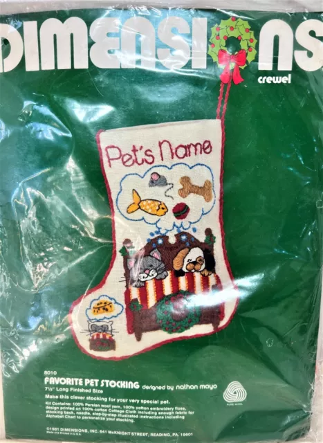 Vtg DIMENSIONS 8010 FAVORITE PET STOCKING Crewel STITCH EMBROIDERY KIT  1981