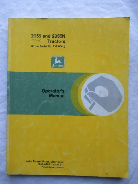 John Deere 2155 2355  Tractor Owner Operator's Manual Original 1991
