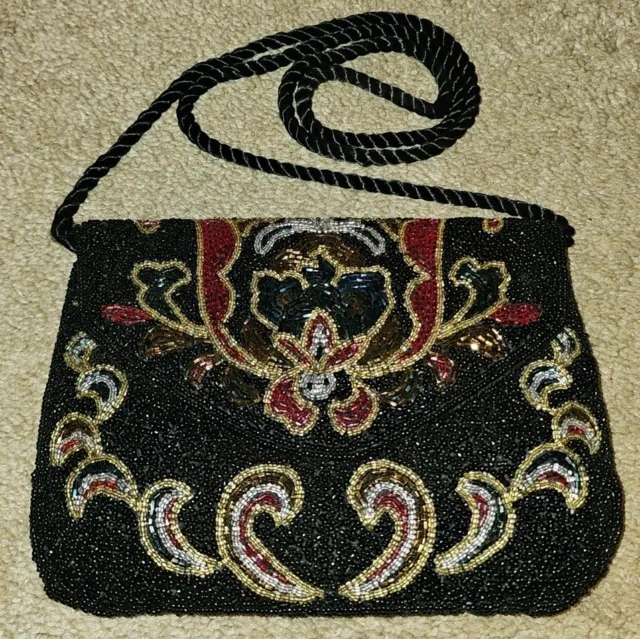 LILLIAN VERNON Black Beaded Clutch Evening Bag Vintage Floral