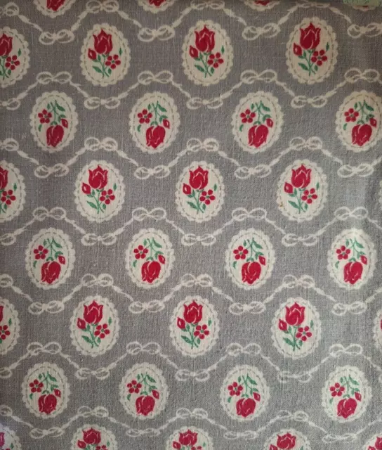 Vintage Feed Sack Cotton Fabric Red Roses on Silver Gray Background w White Bows