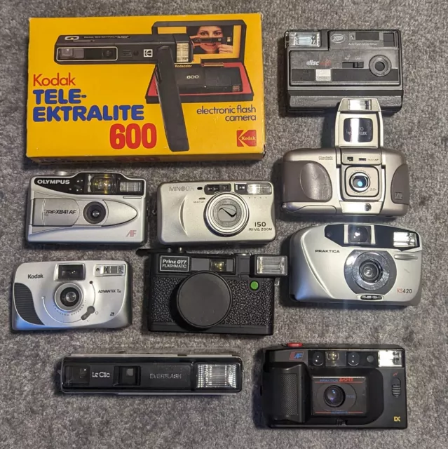 Lote de 10 trabajos de cámara fotográfica - Olympus, Minolta, Kodak, etc. sin probar/repuestos o reparación