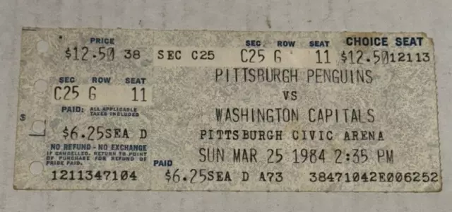 3/25/84 Washington Capitals Pittsburgh Penguins NHL Game Ticket Stub Civic Arena