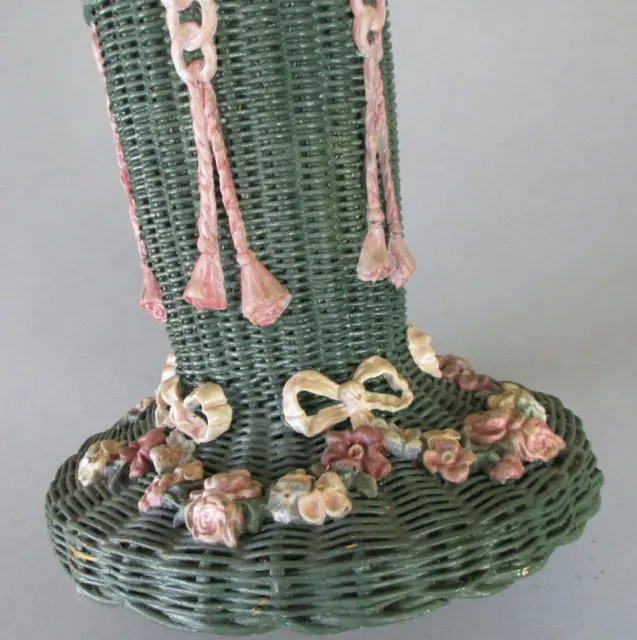 Antique WICKER Basket Vase BARBOLA Swags Roses + Bows Orig Tin Liner * OLD PAINT