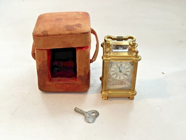 Antique Miniature French Gilt Bronze Painted Porcelain Carriage Clock w/ Case